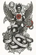 social distortion logo with devil and angel flying, Clouds and fire, ball and chain tattoo design idea