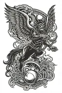 social distortion logo with devil and angel flying, Clouds and fire, ball and chain tattoo design idea