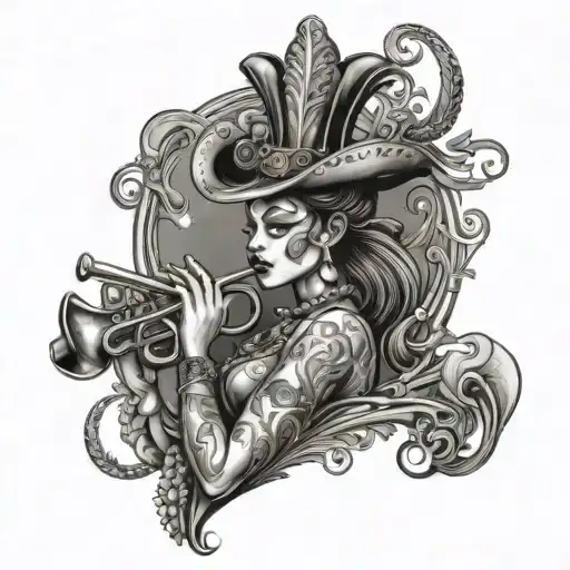 mardi gras, louisiana, HUGE fleur de lis, beads, women dancing, trumpets and music tattoo design idea
