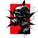 composition A black robot skull with a gas mask,in the background a marijuana leaf,hexagonal grid tattoo design idea