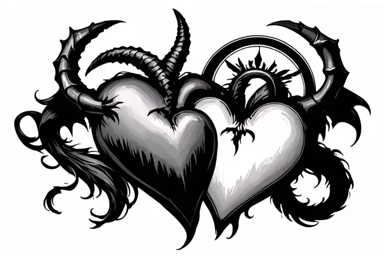 2 hearts seperated one with devil horns and tail the other with a halo tattoo design idea