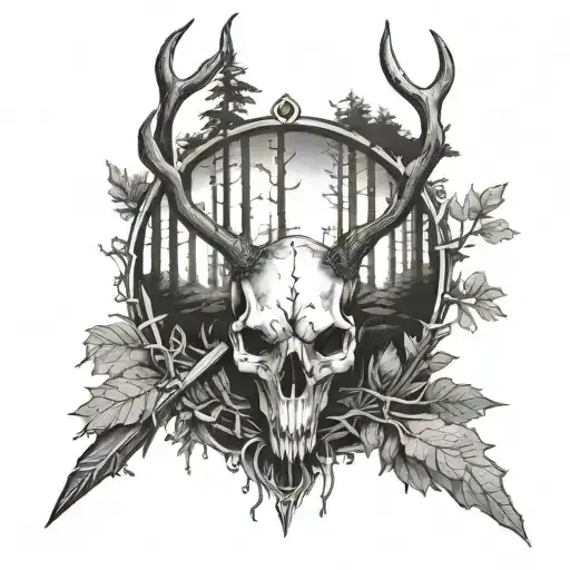 black and white photo- forest, sword stuck in the ground, deer skull like watermark in background tattoo design idea