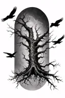 cyber tattoo featuring a dead tree with flying crows no background no roots full length of spine tattoo design idea