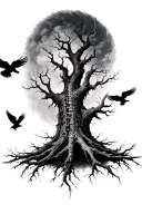 cyber tattoo featuring a dead tree with flying crows no background no roots full length of spine tattoo design idea
