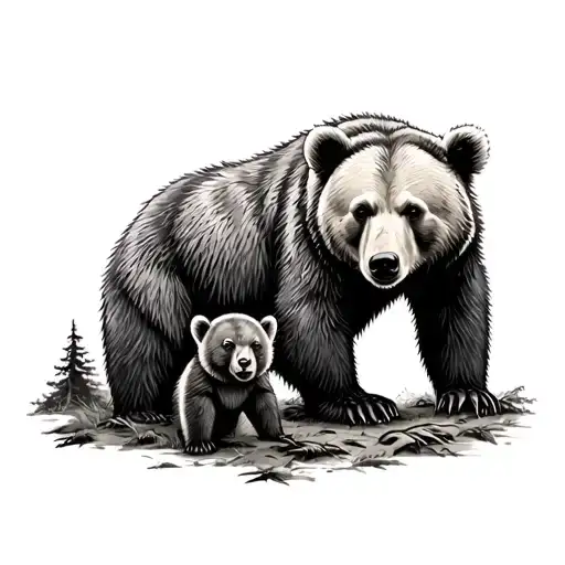momma bear with a cub in the forest tattoo design idea