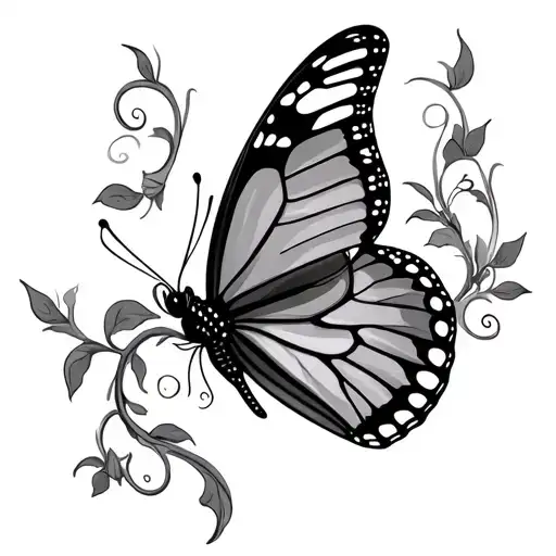 thin vine up stomach and side with butterfly resting tattoo design idea