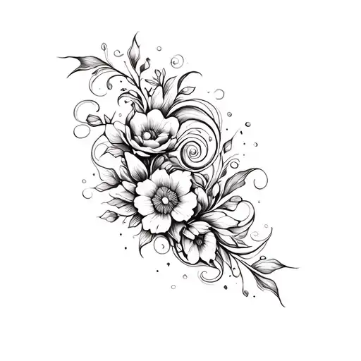 swirly thin tattoo going along the rib, include floral inspiration and nature. very thin with wispy spiral lines. tattoo design idea