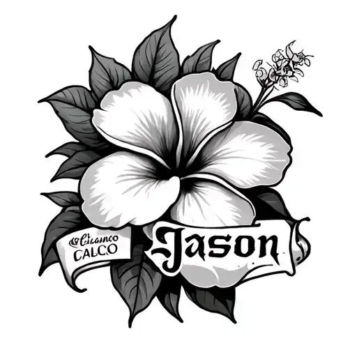 Frangipani and hibiscus flower with Jason written in Chicano font tattoo design idea