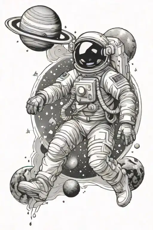 Astronaut floating in space with planets and stars and galaxies  tattoo design idea
