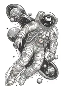 Astronaut floating in space with planets and stars and galaxies  tattoo design idea