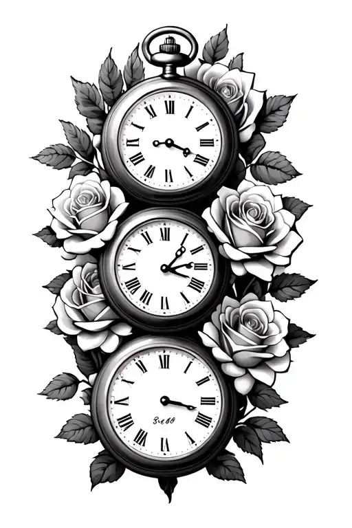 3 pocket watches with times 8:08, 1:10 and 3:12. With small roses behind watches. tattoo design idea