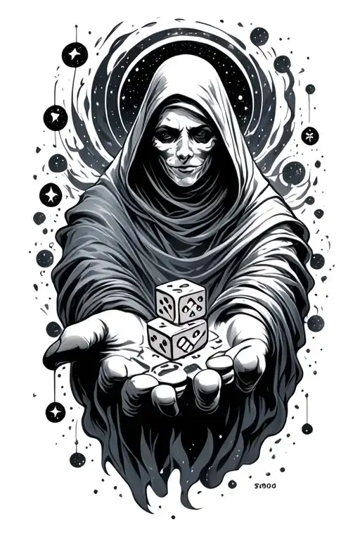 shrouded cosmic being emerging from space vortex rolling dice of fate with hand tattoo design idea