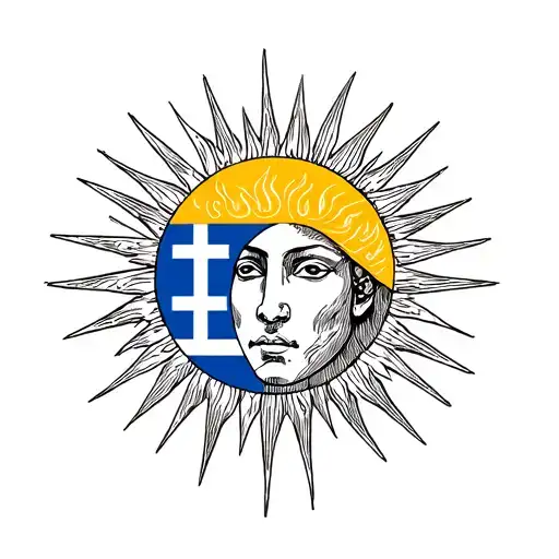 the sun from the Uruguayan flag with the face and the Greek meander in the inside in between the face and the flames tattoo design idea