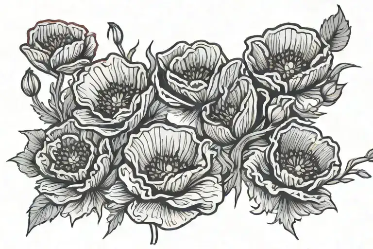 multiple poppy flowers in black and red color tattoo design idea