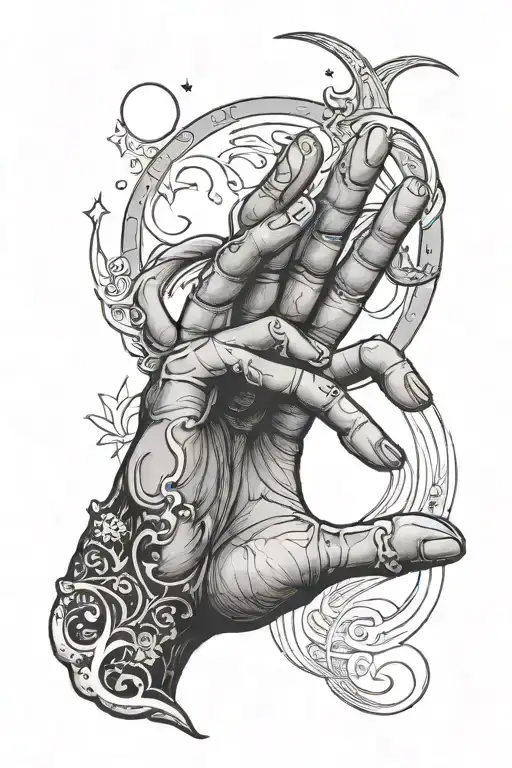 A hand reaching for a paw with a crescent moon behind it tattoo design idea