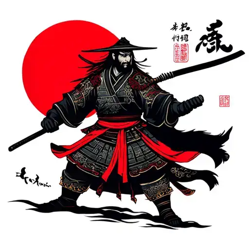 Wandering Ronin samurai warrior holding catana red moon background tattoo design idea