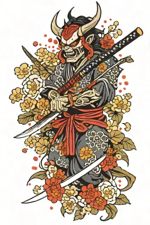 oni demon floral design with katana sword money raining tattoo design idea