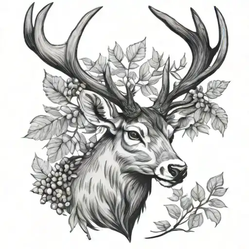 stag with Rowan tree antlers tattoo design idea