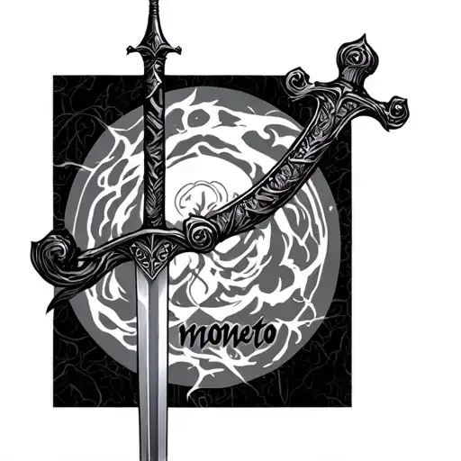 sword with momneto mori written on chest tattoo design idea