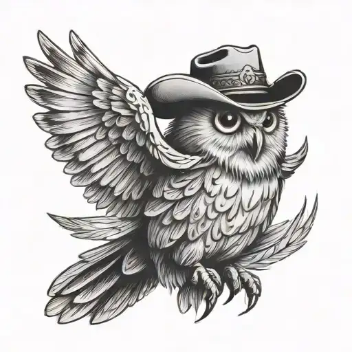 owl wearing cowboy hat with wings spread wide tattoo design idea