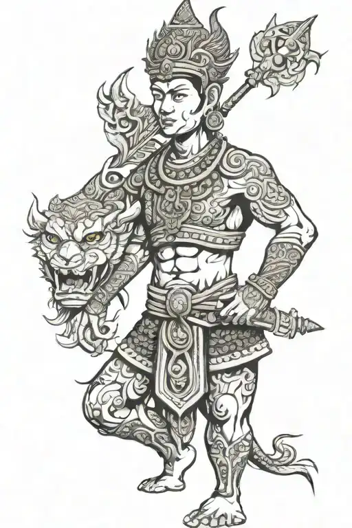 thai warrior standing with temple tattoo design idea