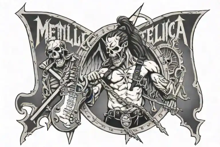 Metallica album cover featuring, ride the lighting, justice for all, and master of puppets tattoo design idea