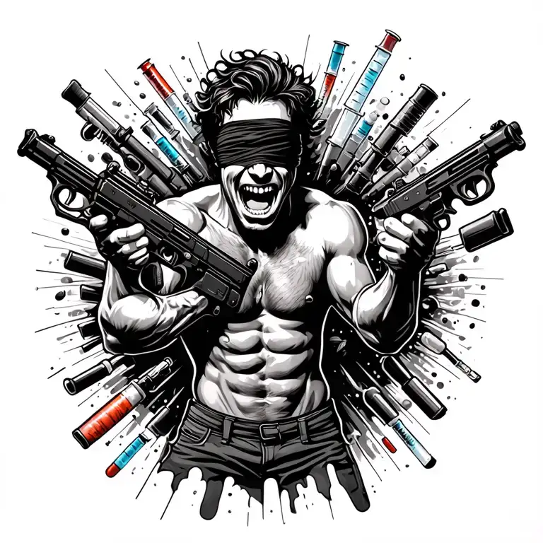 crazy shirtless blindfolded laughing man shooting 2 machine guns sourounded by drugs syringes and weapons  tattoo design idea