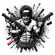 crazy shirtless blindfolded laughing man shooting 2 machine guns sourounded by drugs syringes and weapons  tattoo design idea