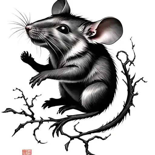 Chinese year of the rat in wind and vines growing tattoo design idea