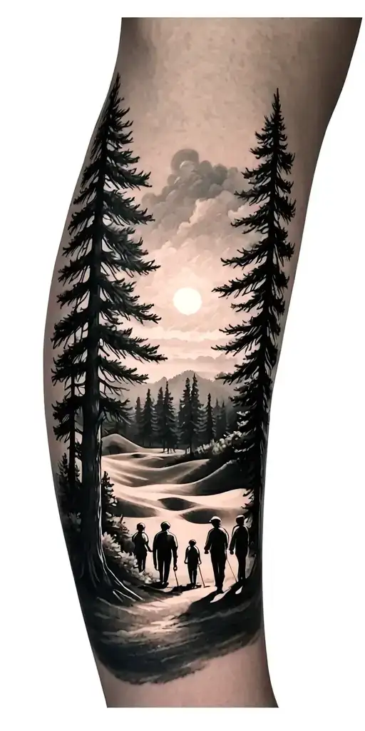 pine forest scene and family on golf course and ansel adams and sun clock tattoo design idea