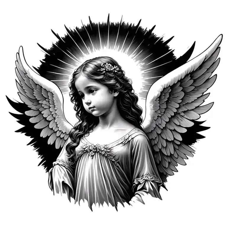 the loss of my child to trisomy 15. I want it with angel wings and sun rays with good shading tattoo design idea