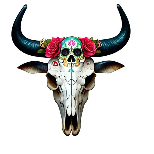 bull skull with sugar skull markings all over and Libra scales tattoo design idea