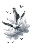 a group of doves flying out of a cloud filled sky tattoo design idea