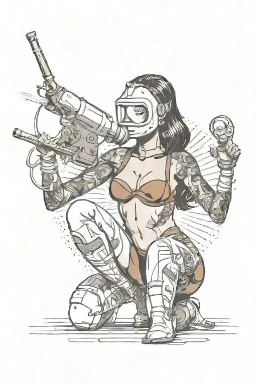 sexy female body donning welding  mask and lingerie, big, round ass,  over on her knees using torch, she's very fit.   tattoo design idea