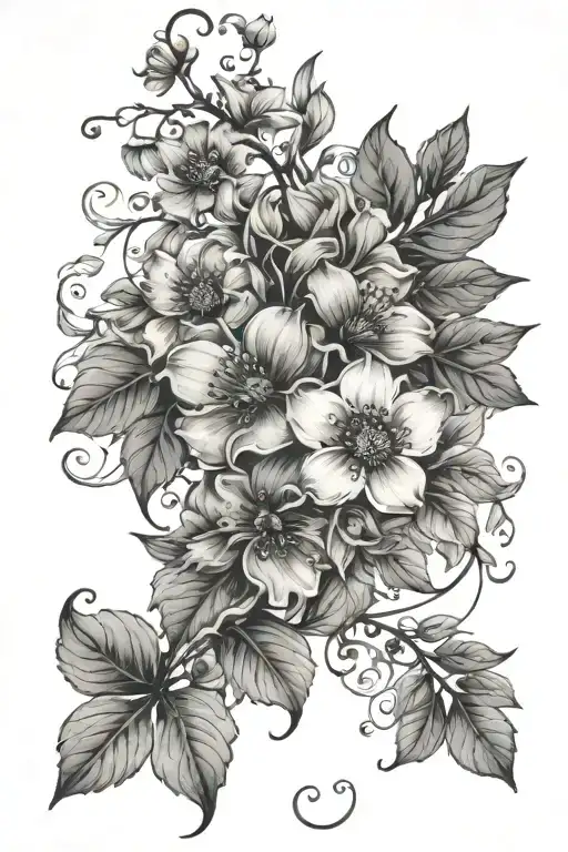 detailed floral tattoo featuring a vine of varying-sized blossoms and leaves tattoo design idea