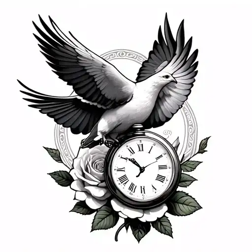 A dove takes flight, wings spread, a rose opening on its back as a pocket watch emerges. tattoo design idea