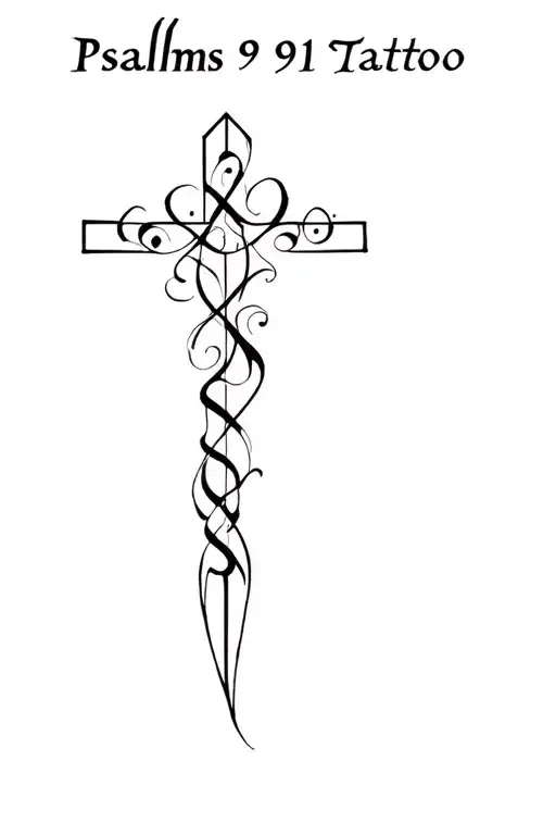 cross tattoo with Psalms 91 letters tattoo design idea