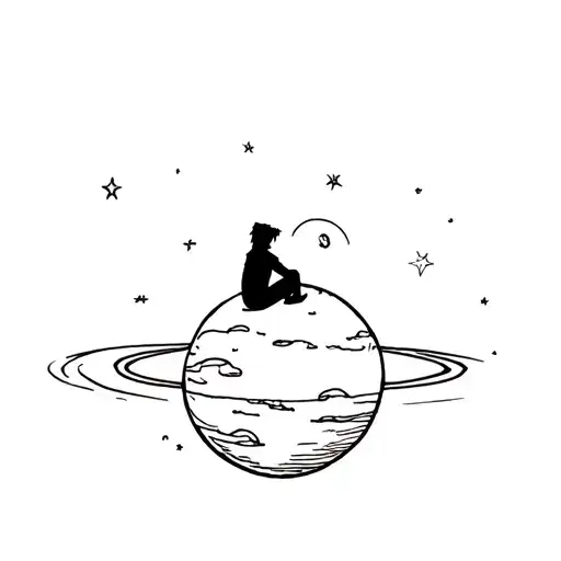 A minimalist black sketch tattoo of Little Prince sitting on the planet, it's nautro, and show loneliness tattoo design idea