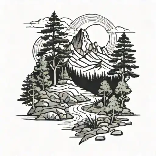 Mountains and forest with pathway with background trident  tattoo design idea