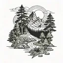 Mountains and forest with pathway with background trident  tattoo design idea