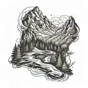 Mountains and forest with pathway with background trident  tattoo design idea