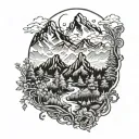 Mountains and forest with pathway with background trident  tattoo design idea