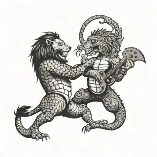 A lion and crocodile facing off in a musical battle, symbolizing the client's love for music and boxing tattoo design idea