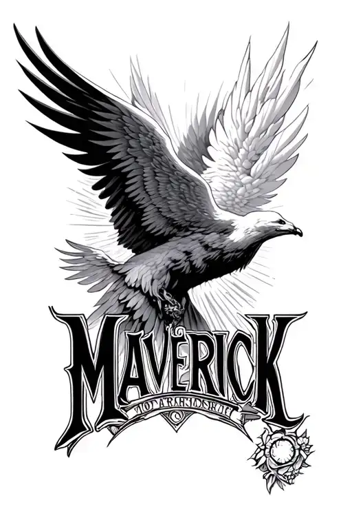 Maverick name written with heaven background black and white tattoo design idea