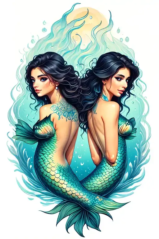 two pieces mermaids back to back tattoo design idea