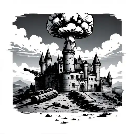 Combat Engineer castle with mushroom cloud in the background tattoo design idea