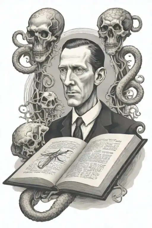H.P. Lovecraft read book style illustration tattoo design idea