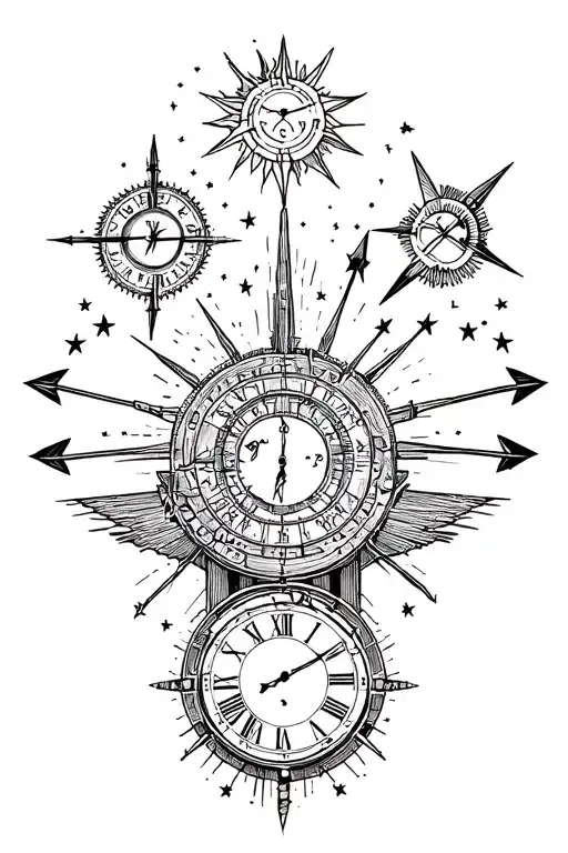 Passage of time with stars and arrows pointing toward different sundials, clocks, and time in an abstract format.  tattoo design idea