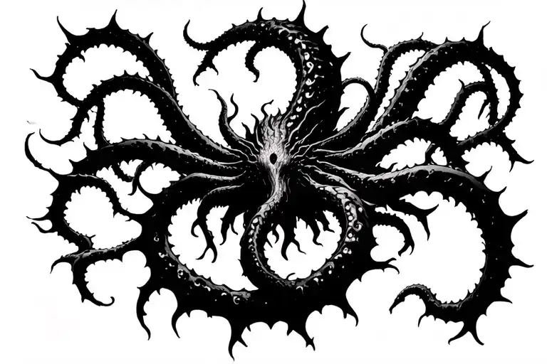 Azathoth, Lovecraftian god, in a circle of thorns that turn into tentacles outwards tattoo design idea
