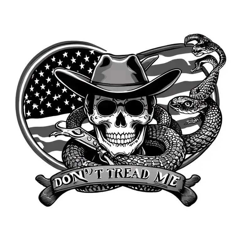 outlaw/ cowboy with a sugar skull face with a us flag. a snake and don't tread me as a boarder in a circle  tattoo design idea